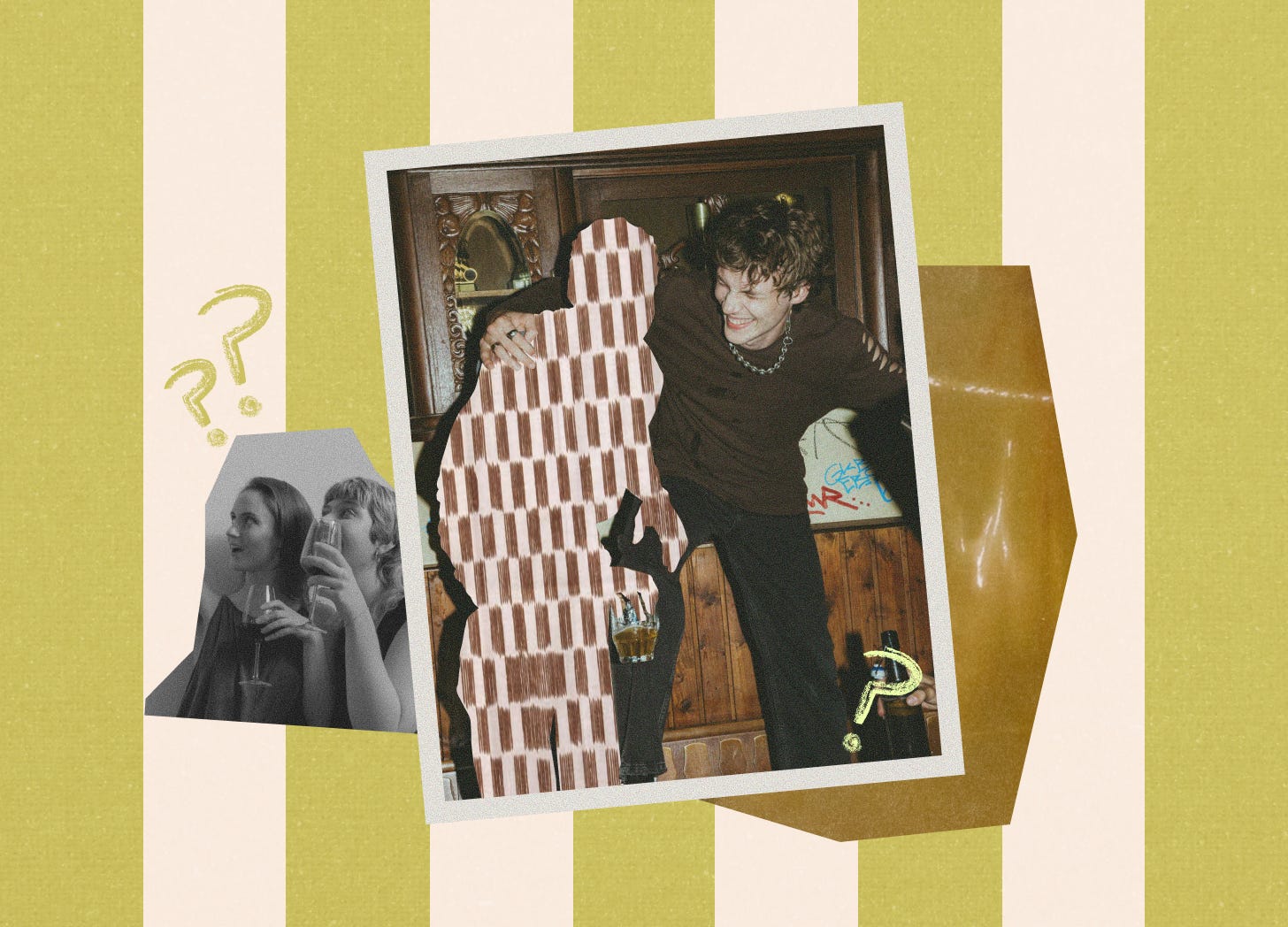Collage of party photos on a green striped background, featuring a person smiling and embracing a silhouetted figure, with question marks and a black-and-white photo of two people holding champagne glasses.