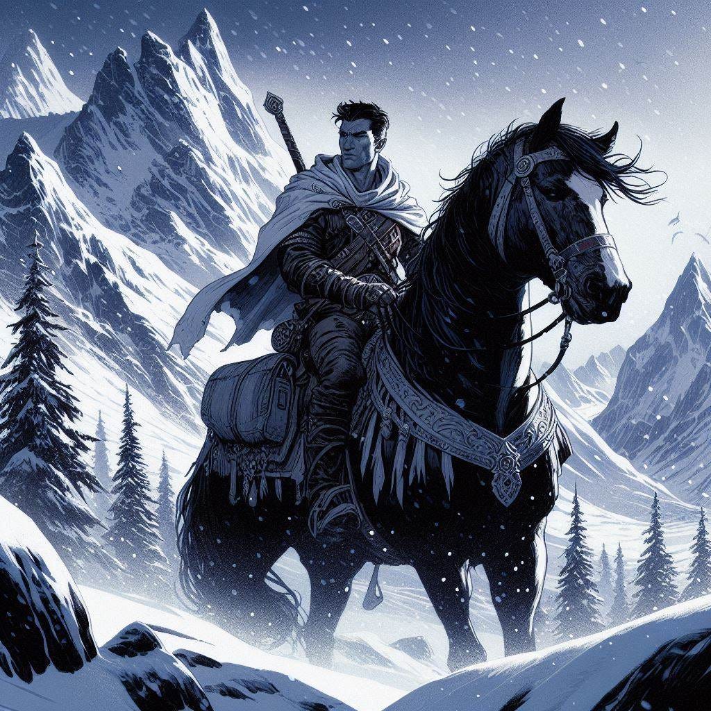 white 30-year old male, short black hair, horseback in snowy mountain, dungeons and dragons fantasy drawing