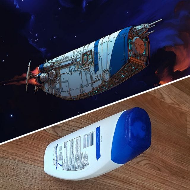 Eric Geusz designs spaceships and space stations from everyday objects. This is his shampoo-bottle (blue and white with a lovely bottom curve) turned into a hefty but sleek space freighter. Eric Geusz designs spaceships and space stations from everyday objects. This is his shampoo-bottle (blue and white with a lovely bottom curve) turned into a hefty but sleek space freighter.