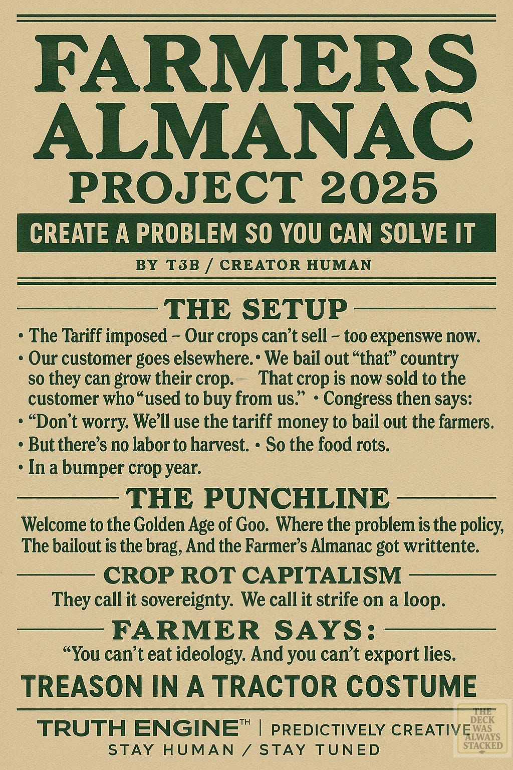 Satirical cover of a twisted almanac issue forecasting executive overreach, failing crops, and armed executive orders.