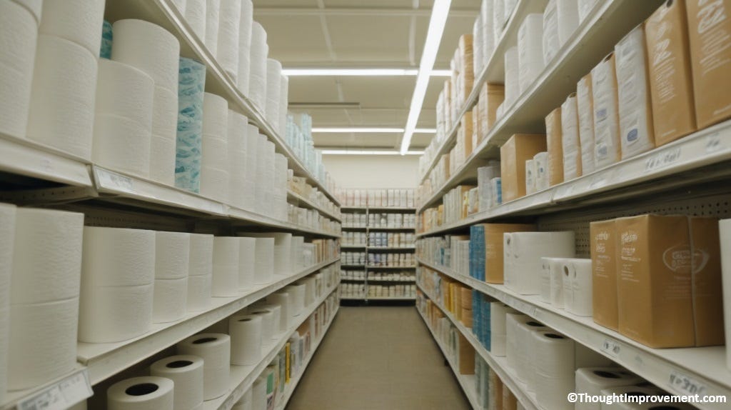 A long store aisle filled with toilet paper.