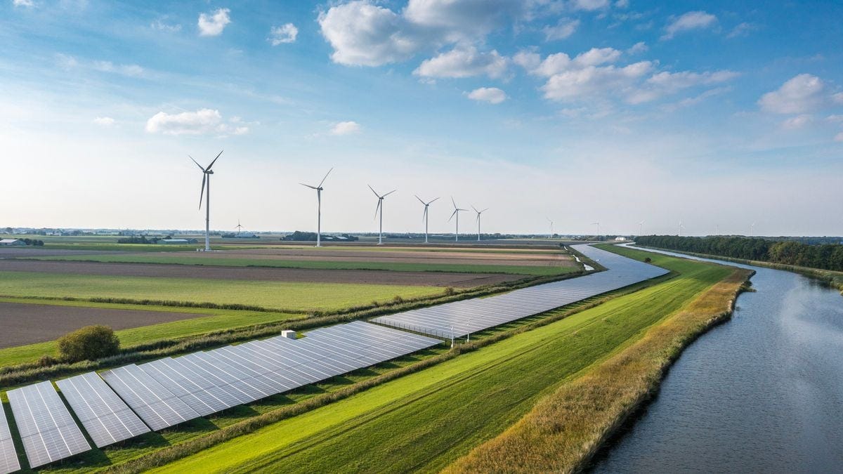 Solar panels and wind turbines generating renewable energy for green and sustainable future. Solar panels and wind turbines generating renewable energy for green and sustainable future.