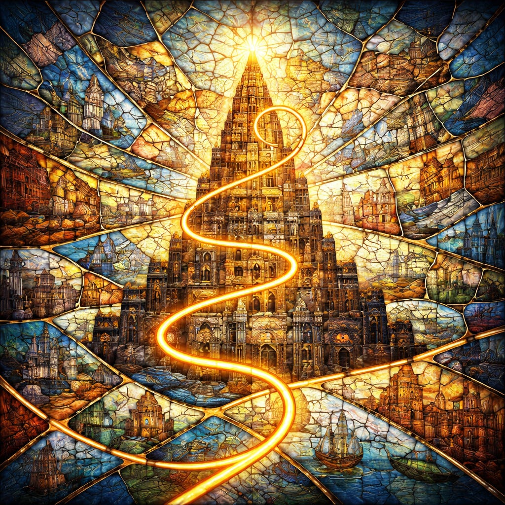 A stained glass representation of the Tower of Babel