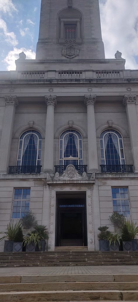 Picture of Jack stood in front of a sign saying Welcome to Huddersfield Town, picture of Barnsley's town hall, cherry blossom tree in Barnsley