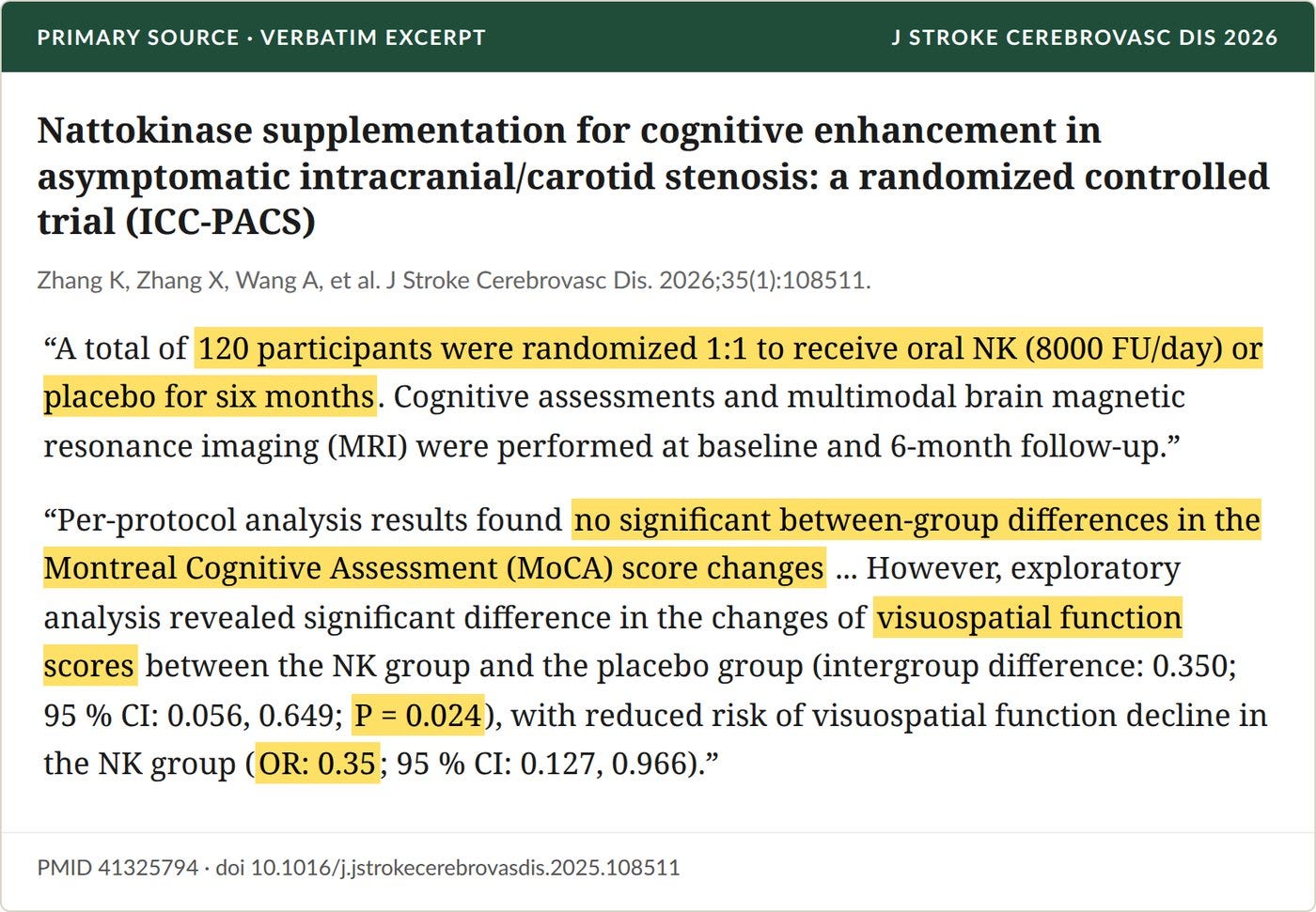 Zhang et al., 2026: the ICC-PACS trial, the first randomized, placebo-controlled brain-imaging study of nattokinase in humans.