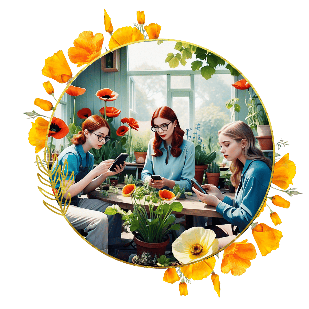 An image of a smart woman in her greenhouse, there are red poppies around her and she has red hair that frames her face 