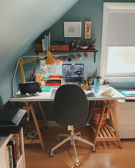 Photo of Danielle in her studio space and snapshots of her studio space