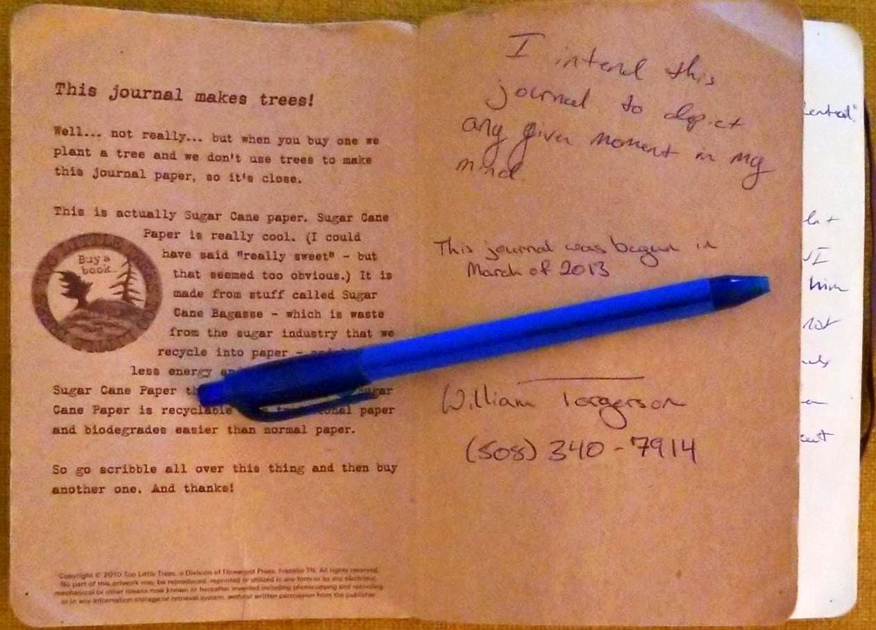 A photo of the first page of a brown cardboard notebook. Hand-written in blue ink is the mission statement: 'I intend this journal to depict any given moment in my mind. This journal was begun in March of 2013. William Torgerson.'
