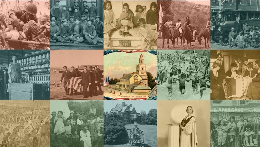 A collage of historical photographs related to U.S. history, showing soldiers, families, public gatherings, parades, and everyday life across different eras