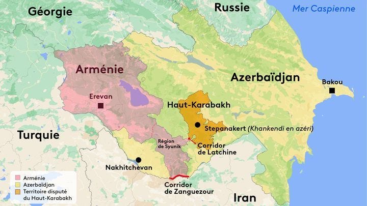 L'Azerbaïdjan entend créer une route terrestre, surnommée "corridor de Zanguezour", afin de relier le Nakhitchevan au pays. (HELOISE KROB / FRANCEINFO)