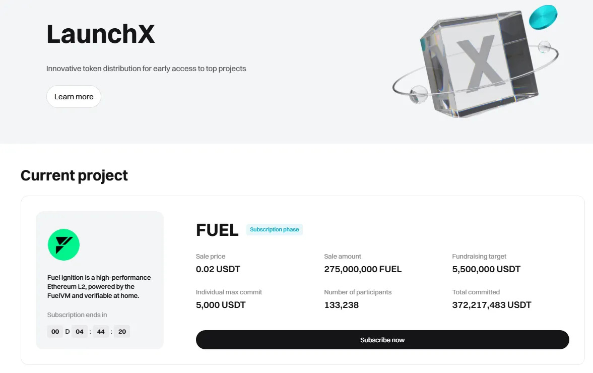 Bitget LaunchX interface showcasing the FUEL Token Drop with subscription details and USDT options.1