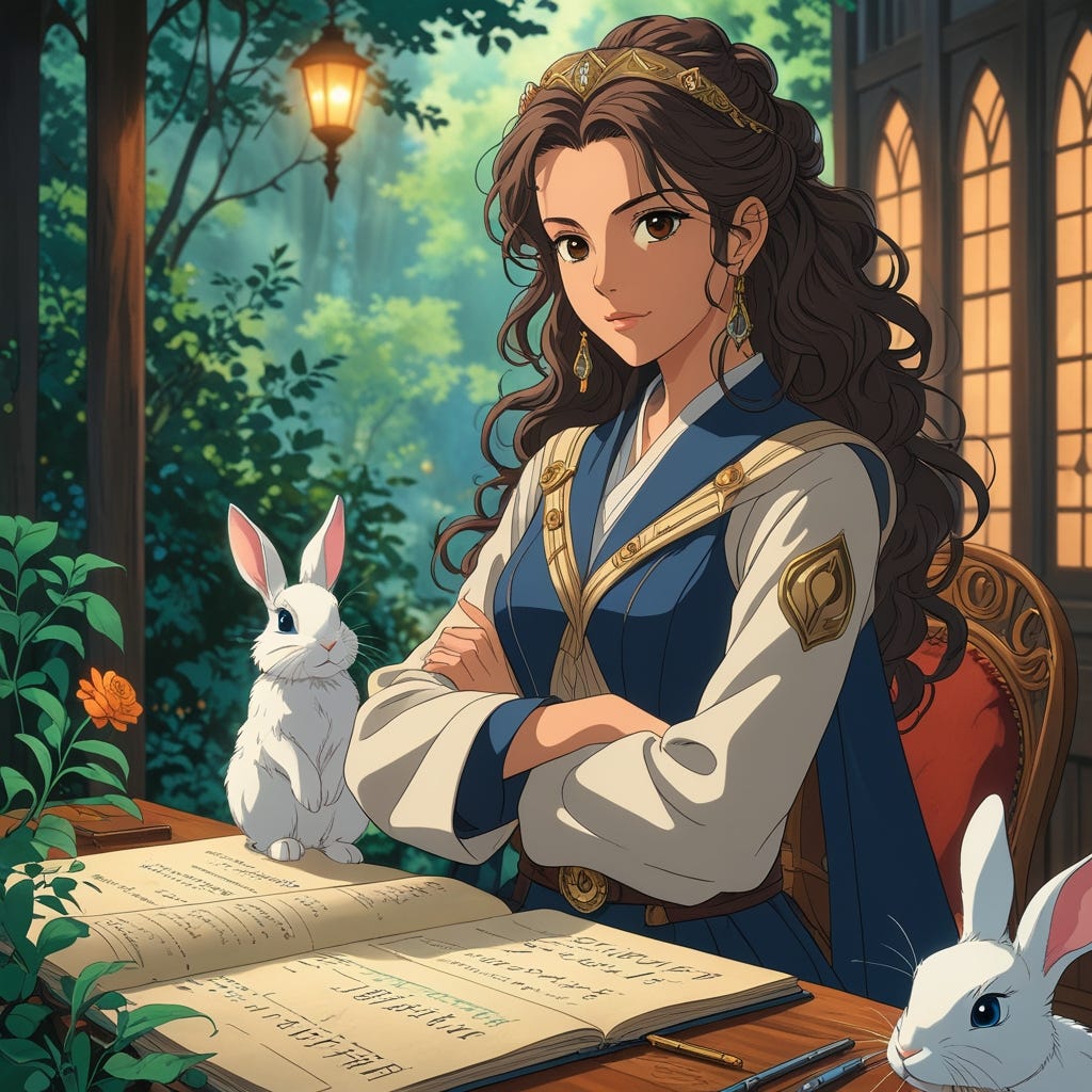 anime movie scene. Patri 20 years old Jedi is planning next year goals aligned with her values, accounts with and accountability partner to ensure success for what comes anime studios ghibli. character is of calmed personality, Patri is curious and focused, productive, long curly hair with brown beautiful princess eyes. Patri with her Victorian era outfit, as a Jedi with a Jedi pose and lightsaber on her belt. (((A white rabbit is on her side))), Victorian journey path attracts eye. Masterpiece. (cinematic keyframe:1.5), a thrilling movie scene , hints of Victorian or Alice in Wonderland undertones. studios ghibli style. The composition exudes a cinematic, film-noir feel, with shallow depth of field, bokeh, and vignette effects. The bold, scene screams inspiration, anime, studios ghibli style. anime movie scene. Patri 20 years old Jedi is planning next year goals aligned with her values, accounts with and accountability partner to ensure success for what comes anime studios ghibli. character is of calmed personality, Patri is curious and focused, productive, long curly hair with brown beautiful princess eyes. Patri with her Victorian era outfit, as a Jedi with a Jedi pose and lightsaber on her belt. (((A white rabbit is on her side))), Victorian journey path attracts eye. Masterpiece. (cinematic keyframe:1.5), a thrilling movie scene , hints of Victorian or Alice in Wonderland undertones. studios ghibli style. The composition exudes a cinematic, film-noir feel, with shallow depth of field, bokeh, and vignette effects. The bold, scene screams inspiration, anime, studios ghibli style.