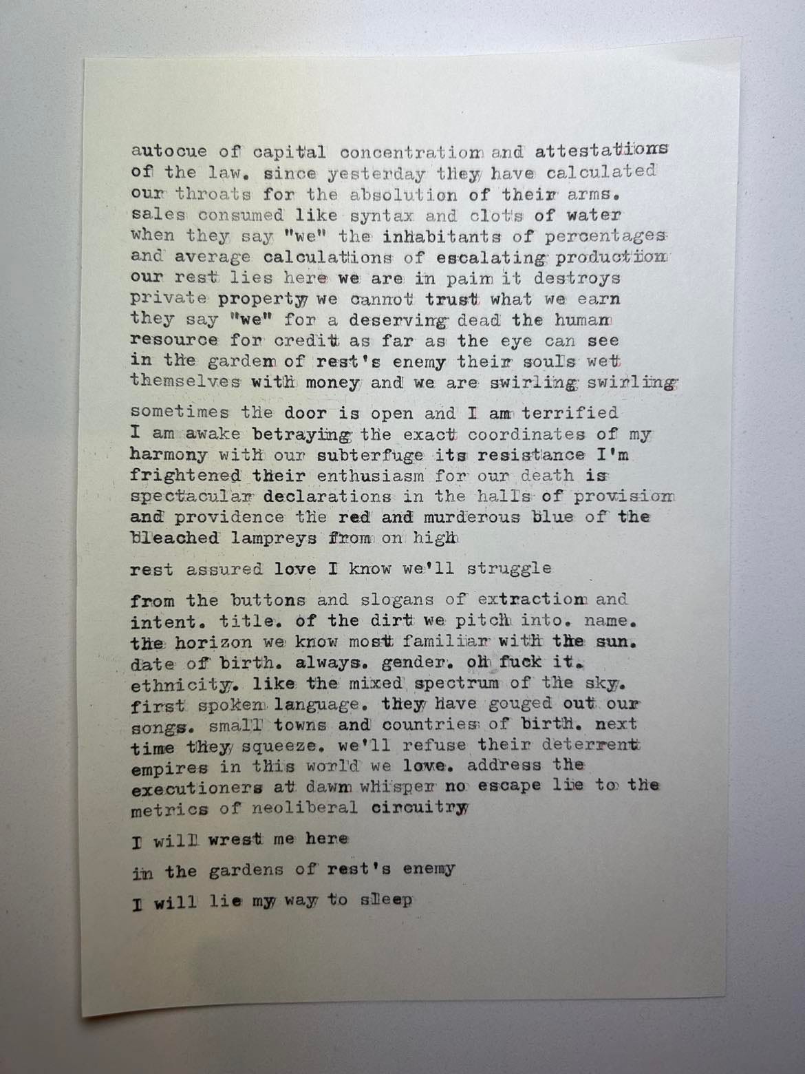 Part four of Cat's letter: a white piece of paper with black typed words
