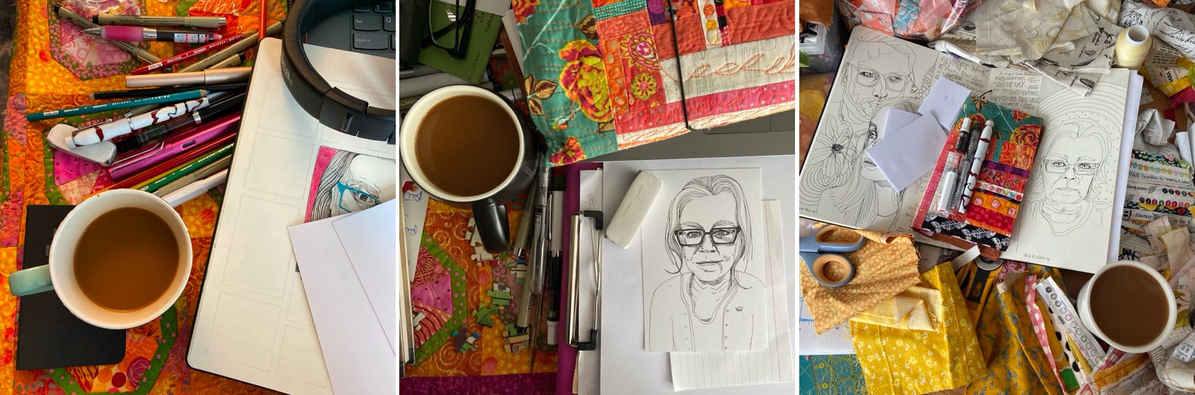 Three images of art tools and coffee cups.