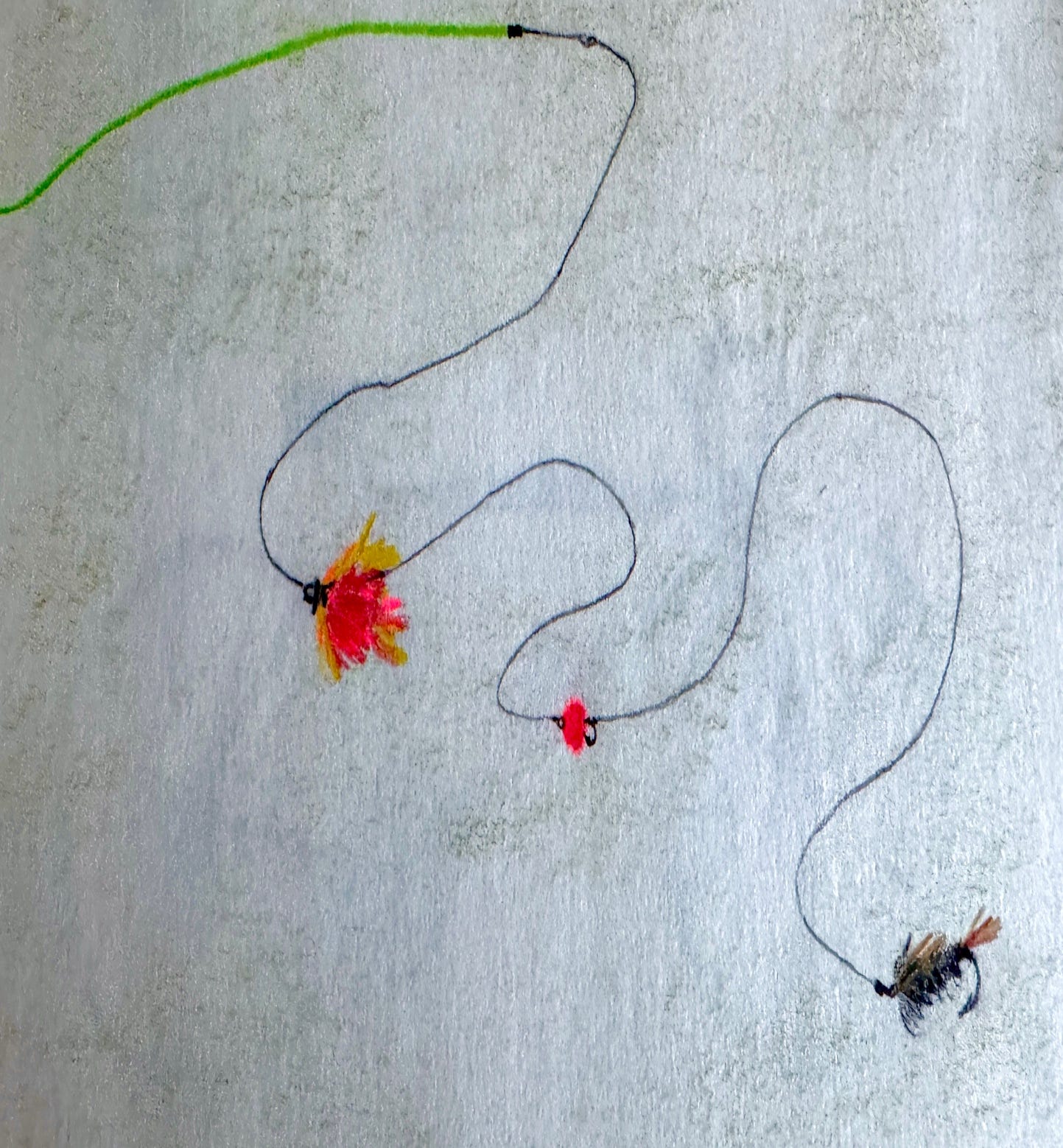 A fishing line with a red and green tail

AI-generated content may be incorrect.