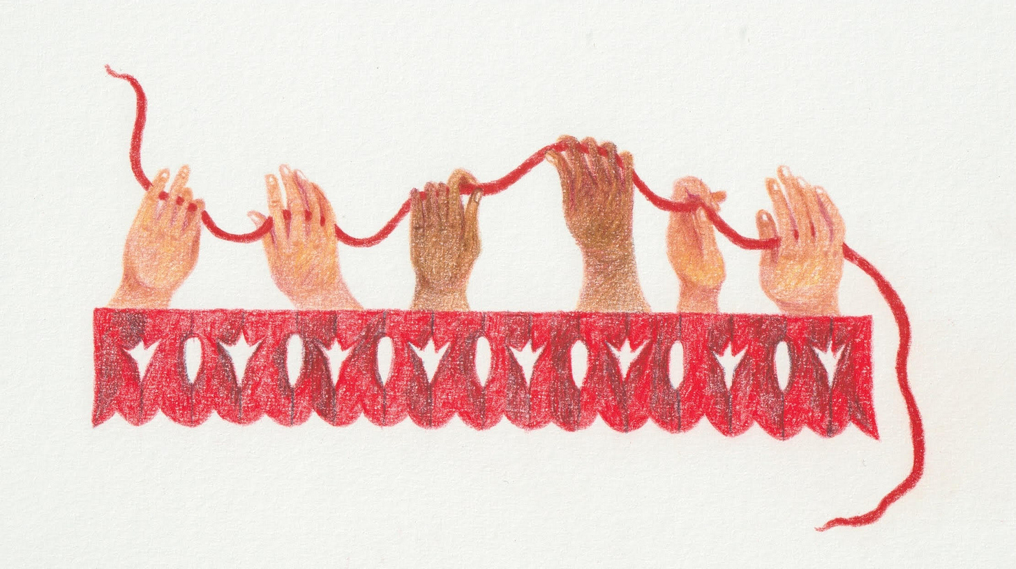 illustration of many hands holding a piece of a red thread