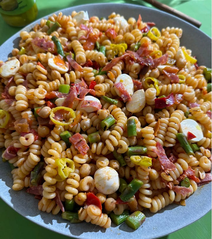 pasta salads and green pea ravioli