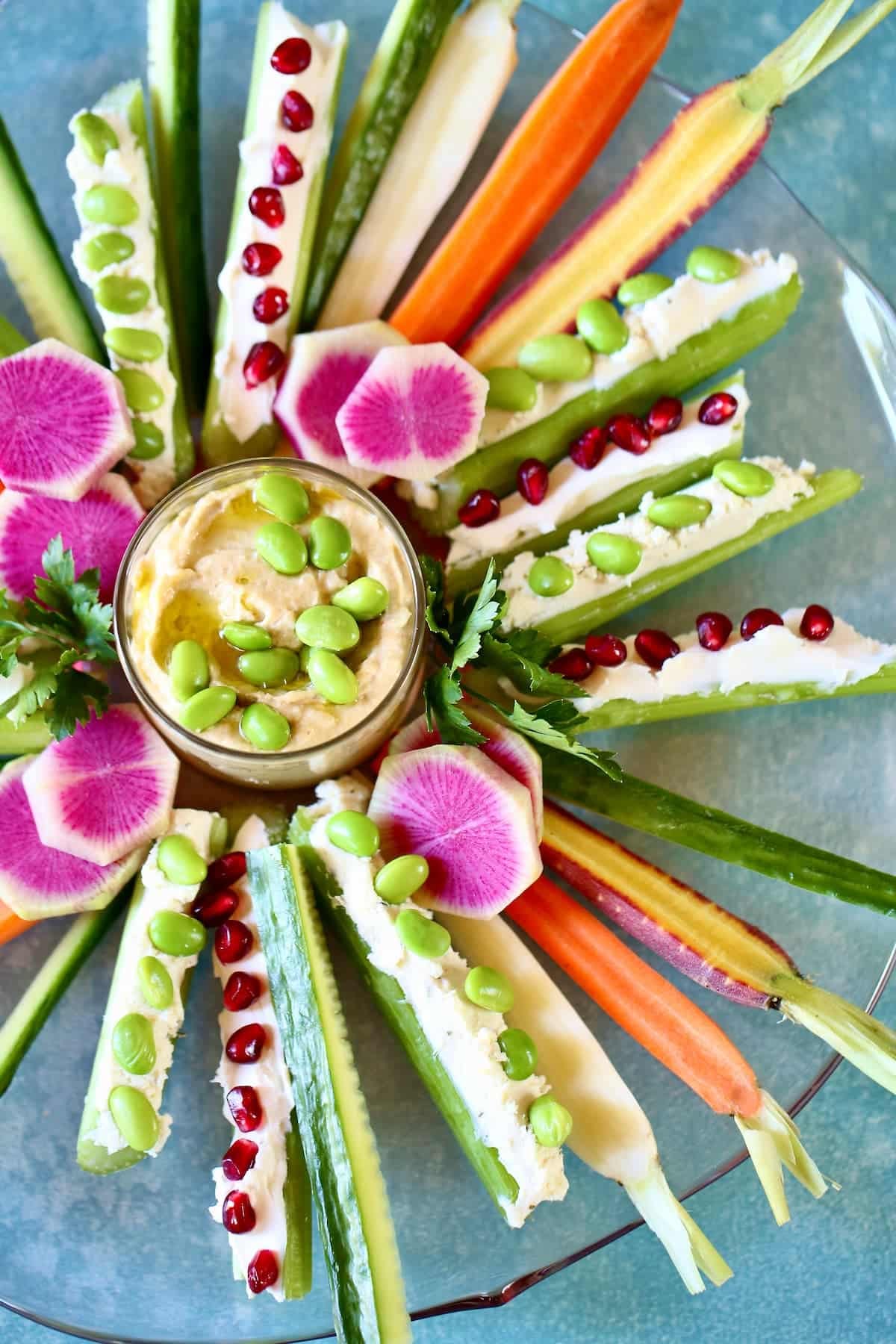an overhead photo of a veggie tray.