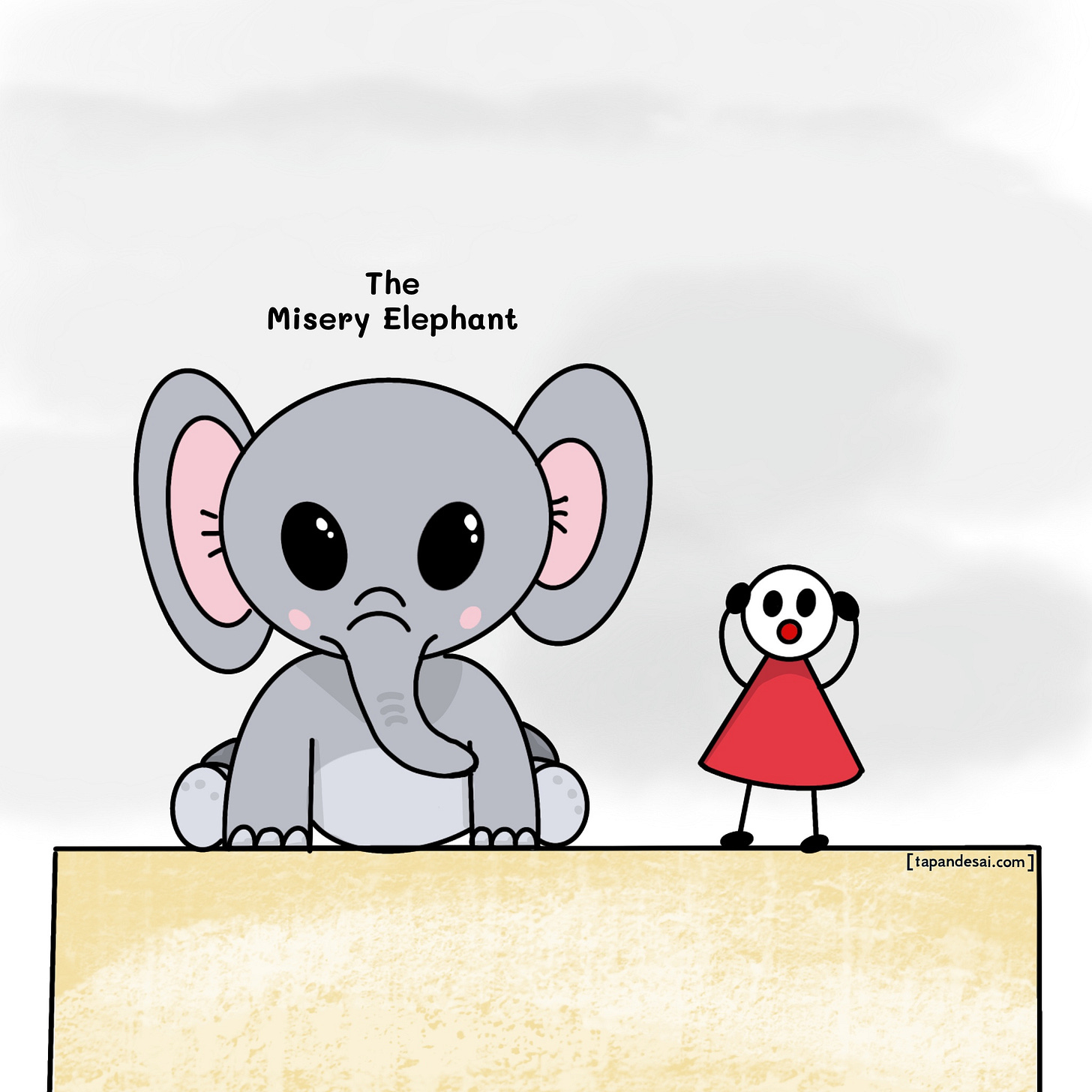 Illustration of Raj overwhelmed beside the Misery Elephant — a visual metaphor for emotional weight caused by unfulfilled desires and the psychological toll of self-discrepancy and inaction.