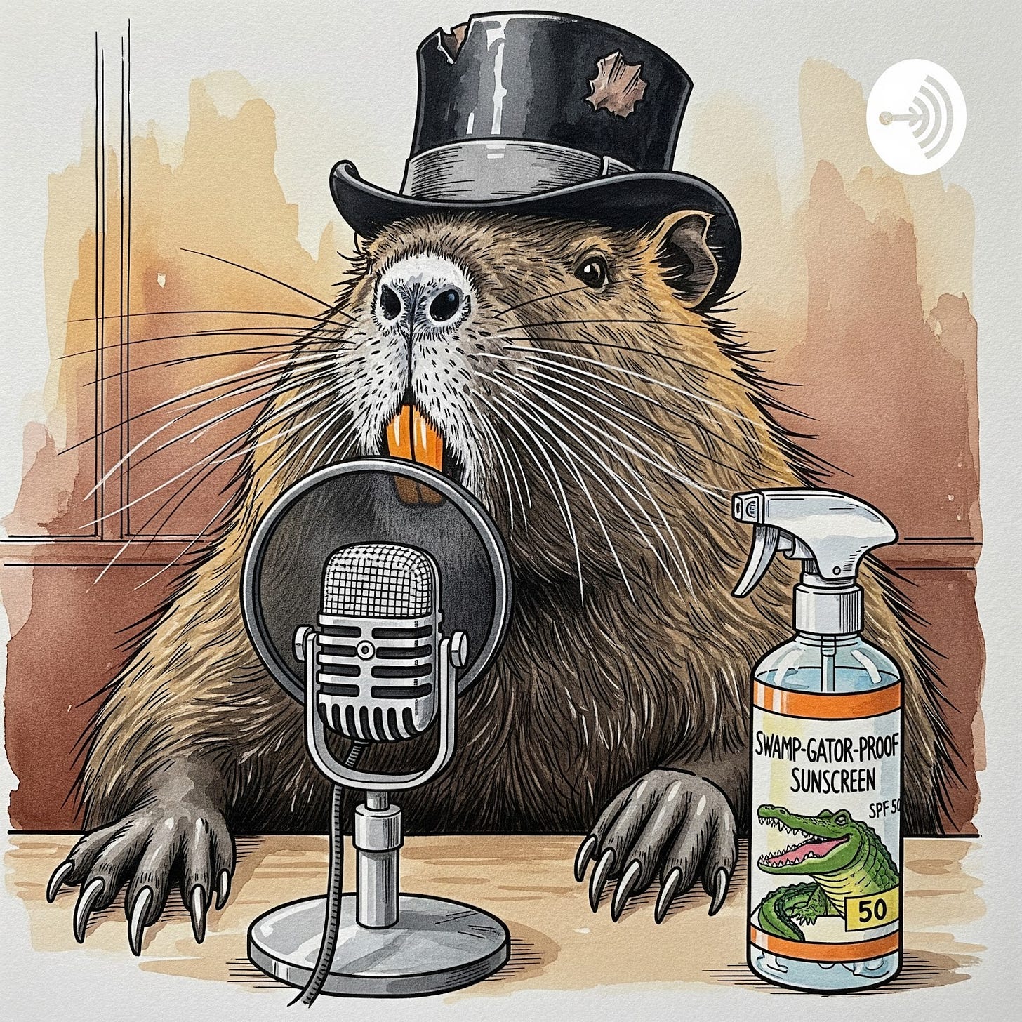 Pierre le Nutria in top hat advertising his gator Sunscreen repeent