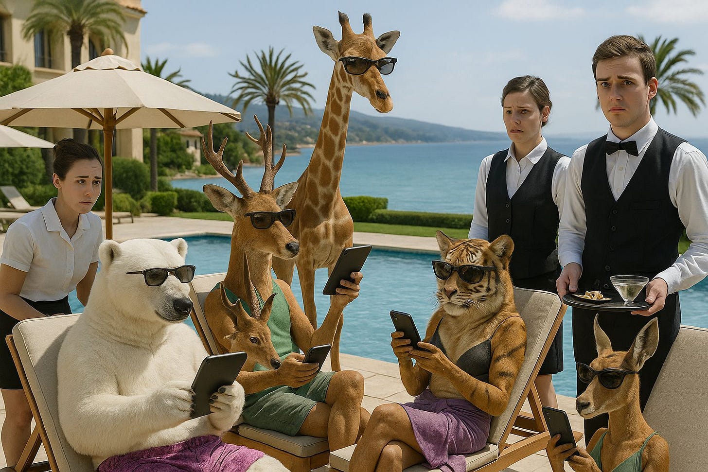 Human waiters serving wild animals by the pool Human waiters serving wild animals by the pool
