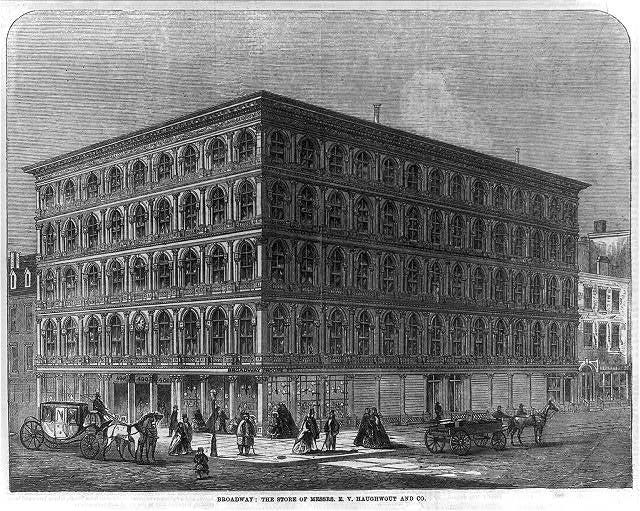 Illustration of E.V. Haughwout and Co. Building from Illustrated London News for the Poetry in America Substack Along These Lines