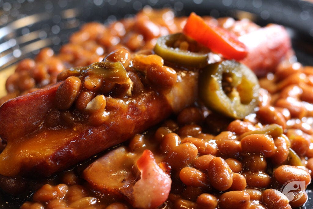 Grilled Bacon-Wrapped Chipotle Cheddar Cheese Stuffed Hotdogs & Beans Grilled Bacon-Wrapped Chipotle Cheddar Cheese Stuffed Hotdogs & Beans