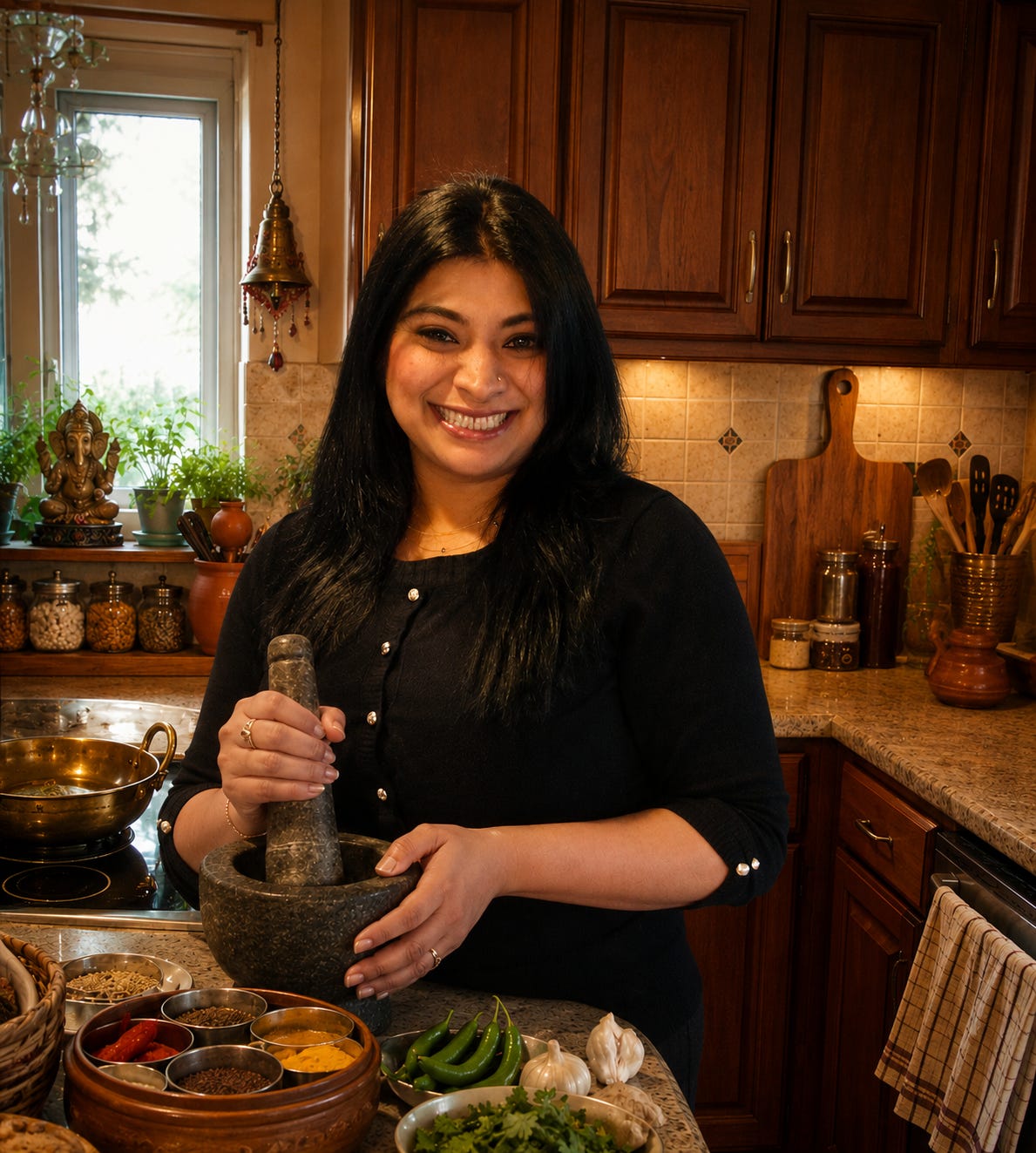 Chef Daljeet B standing in a warm Indian-inspired kitchen, smiling while holding a traditional stone mortar and pestle (sil batta) surrounded by fresh herbs, green chilies, garlic, and aromatic spices, evoking traditional Indian cooking and heritage food preparation.