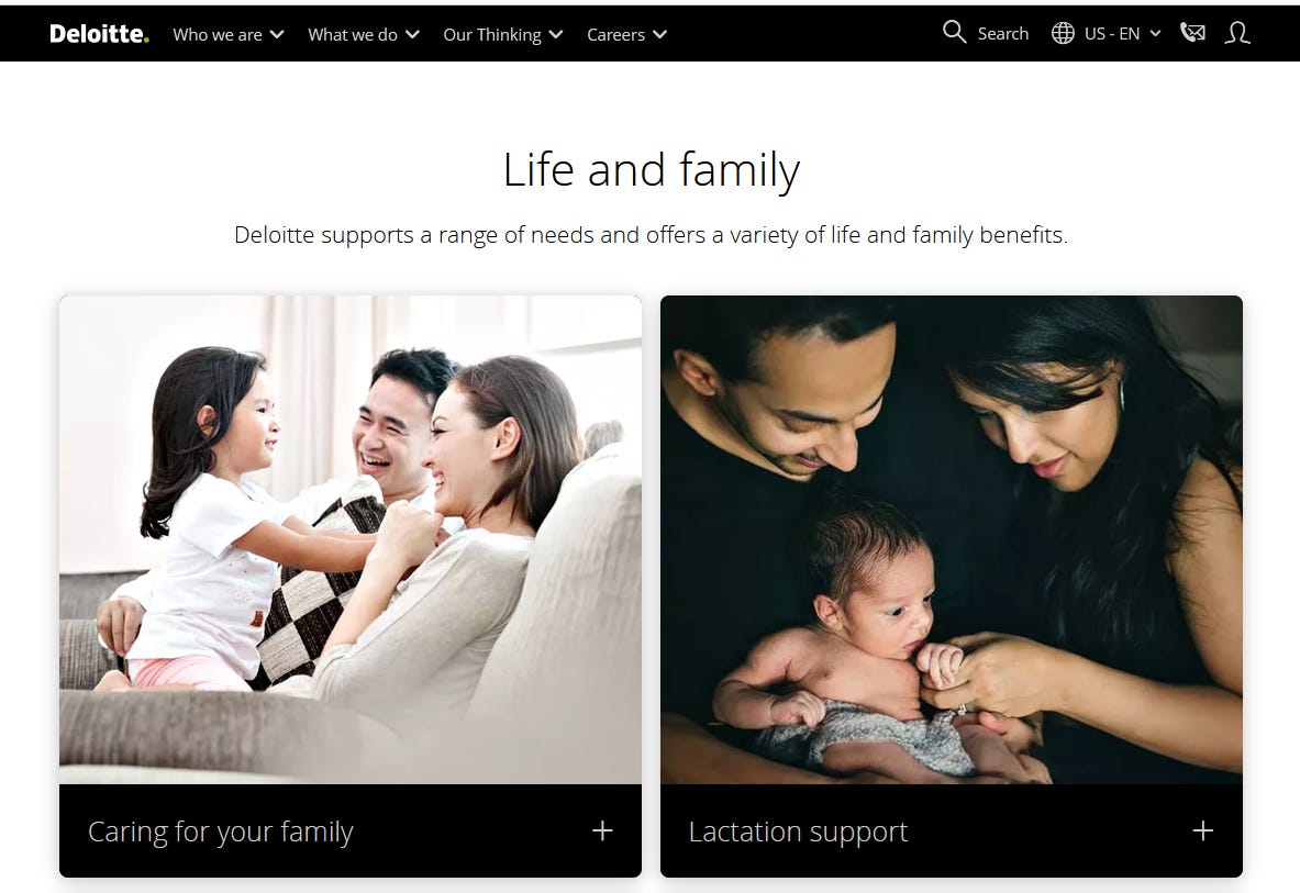 Deloitte US “Life and family” benefits page highlighting family support and lactation support for employees. Deloitte US “Life and family” benefits page highlighting family support and lactation support for employees.