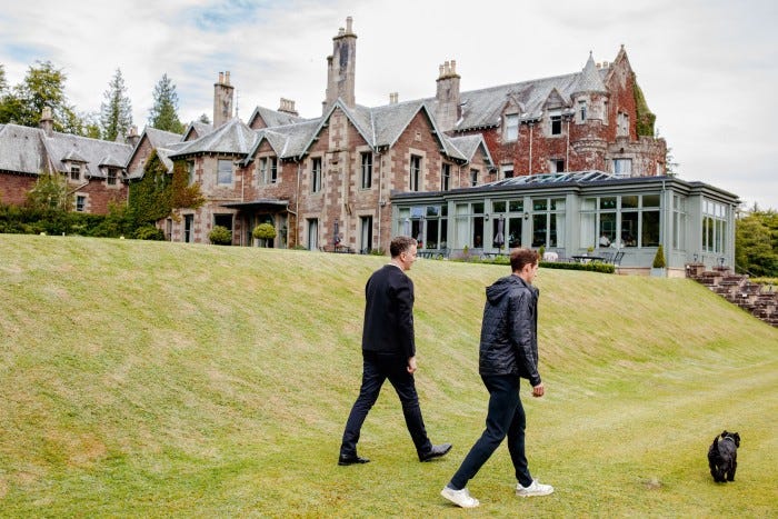 Shrigley, Murray and Shrigley’s dog Inka walk the grounds of the Cromlix hotel Shrigley, Murray and Shrigley’s dog Inka walk the grounds of the Cromlix hotel