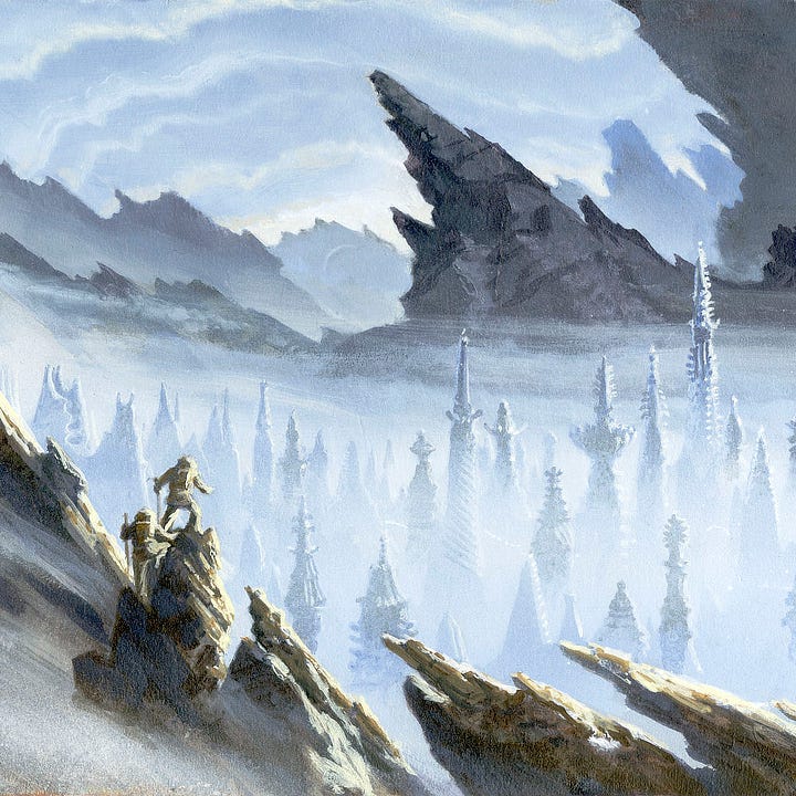 LEFT: Foreground detail from THE LOST CITY featuring mountains angling down to where two explorers climb and a hint of alien towers they see as they crest the ridge. RIGHT: Detail from THE LOST CITY featuring two explorers cresting a ridge and staring in awe at expanse of alien towers rising out of the mist below. The sky beyond the mountains radiates with an aurora in white and gray-blue.