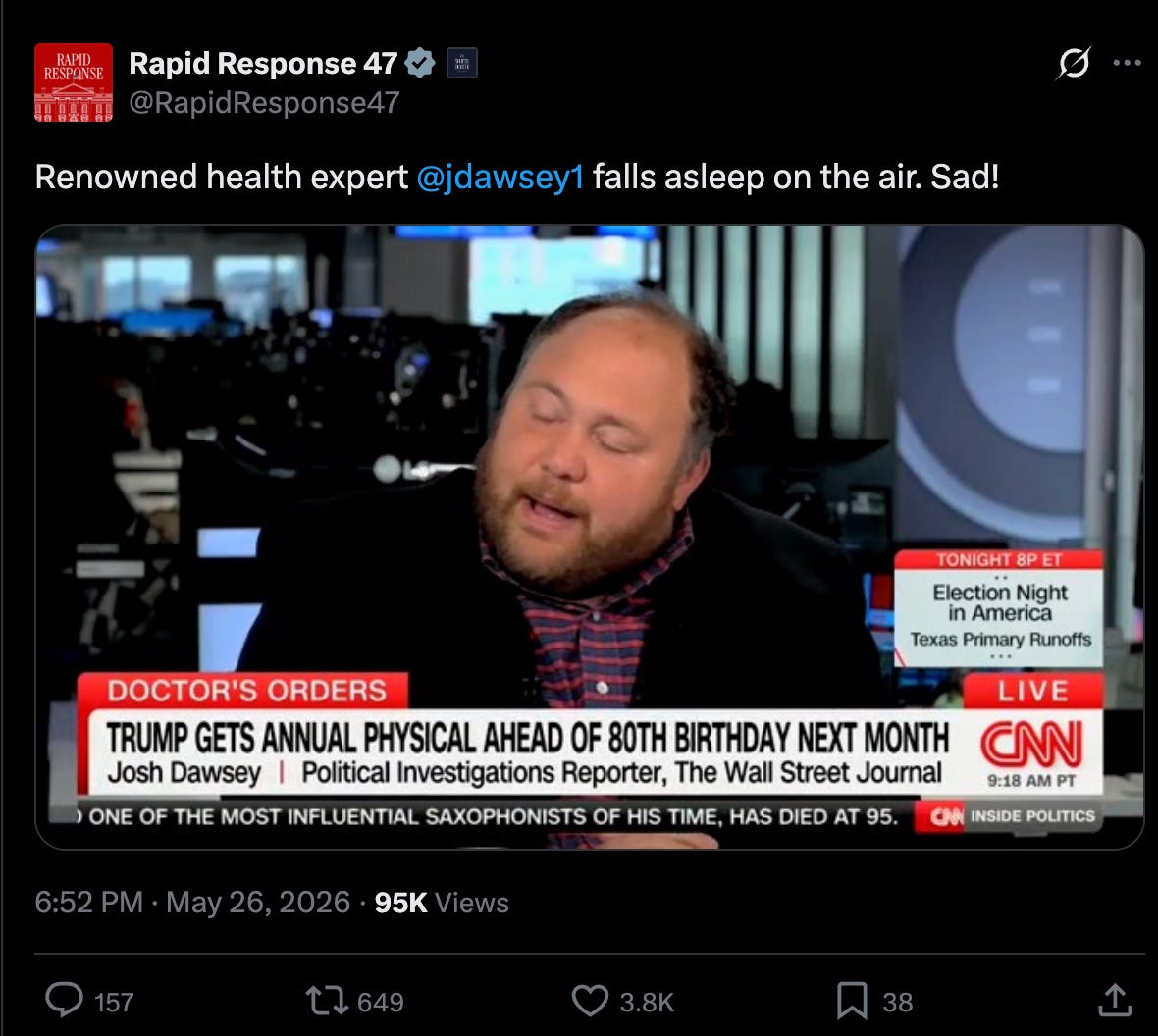 Rapid Response 47: Renowned health expert @jdawsey1 falls asleep on the air. Sad! Rapid Response 47: Renowned health expert @jdawsey1 falls asleep on the air. Sad!