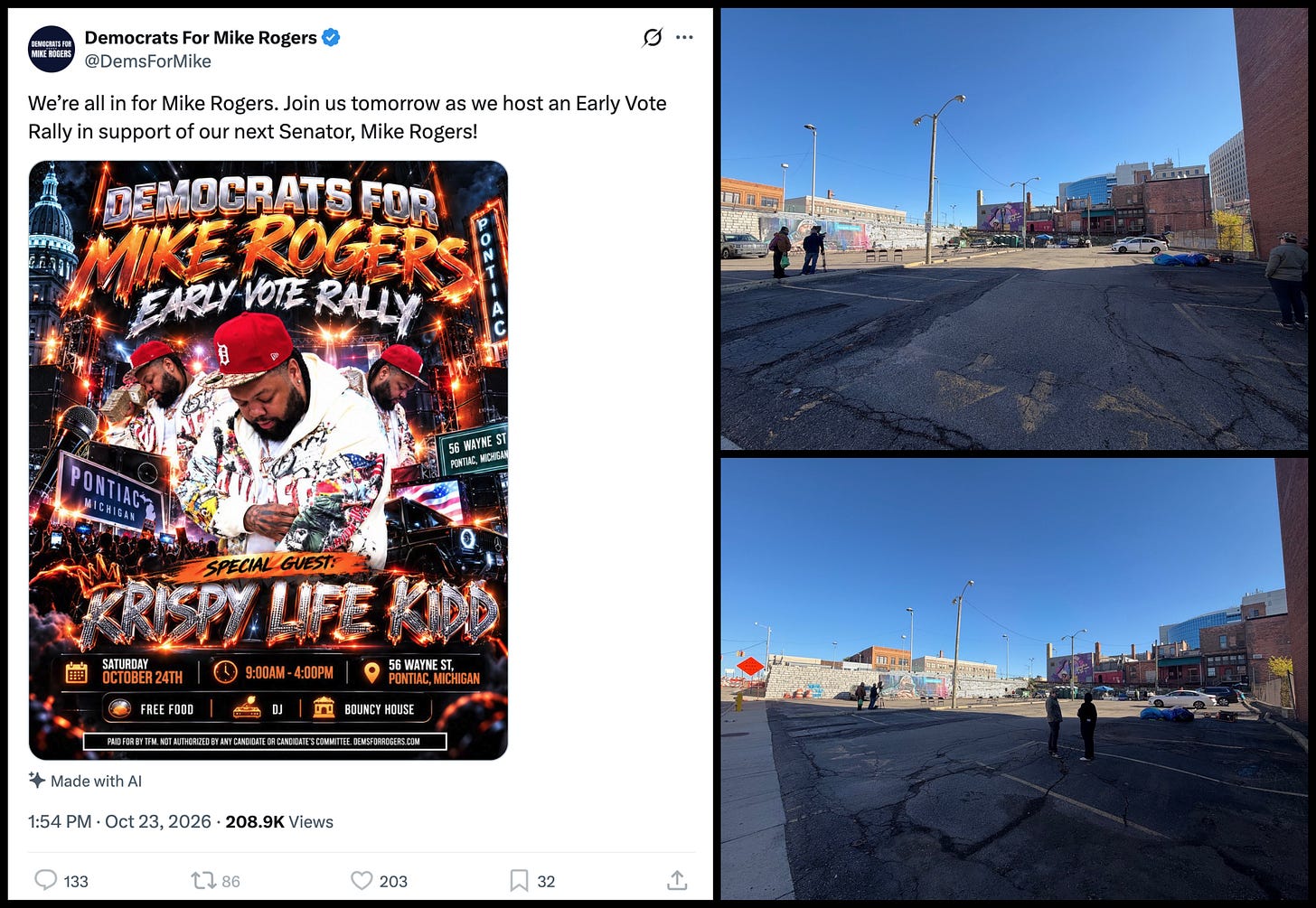 "Early Vote Rally" flier posted by @DemsForMike, and two photographs of the rally, showing an absence of actual attendees "Early Vote Rally" flier posted by @DemsForMike, and two photographs of the rally, showing an absence of actual attendees