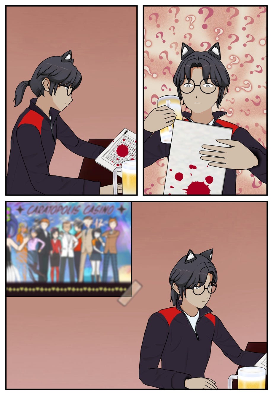 Ruff is at a bar table, studying the splattered paper he had picked up earlier. Behind him is a promotional poster.