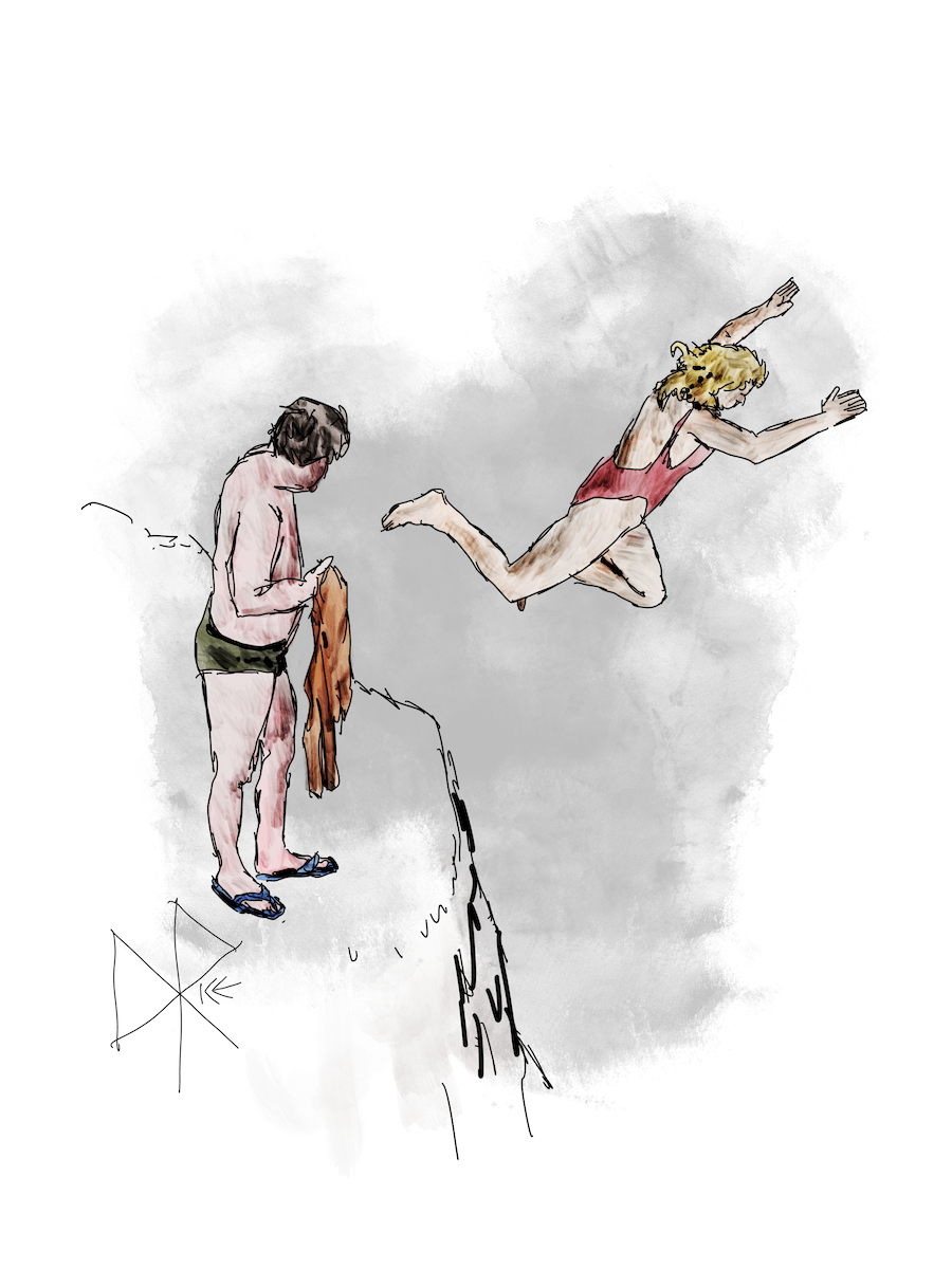 Both in swimming attire, a woman leaps from a ledge as a man stands with a towel in one hand. Sketch art by Don Rice. Both in swimming attire, a woman leaps from a ledge as a man stands with a towel in one hand. Sketch art by Don Rice.