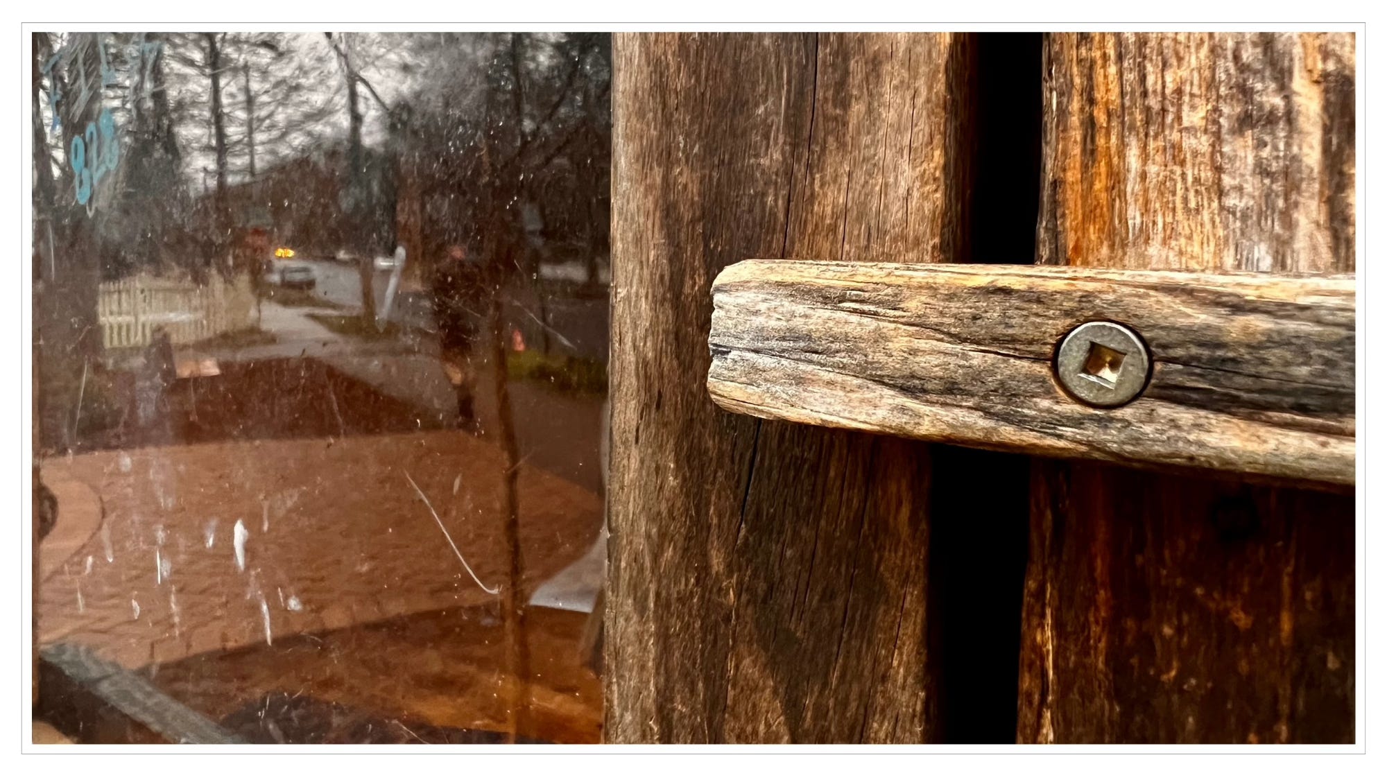 close up of empty little free library, road reflected in glass door