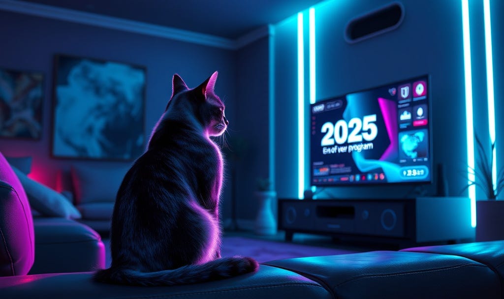 Image: A sleek cat sitting in a dimly lit futuristic living room, illuminated by holographic neon lights.