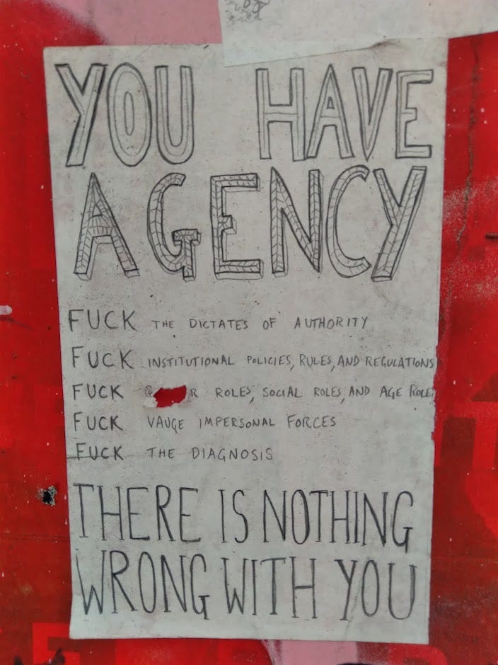 Two wheatpasted flyers. The first reads "Revolt! against fear, shame, and dogma." The second reads "You have agency. Fuck the dictates of authority. Fuck institutional policies, rules, and regulations. Fuck gender roles, social roles, and age roles. Fuck vague impersonal forces. Fuck the diagnosis. There is nothing wrong with you."