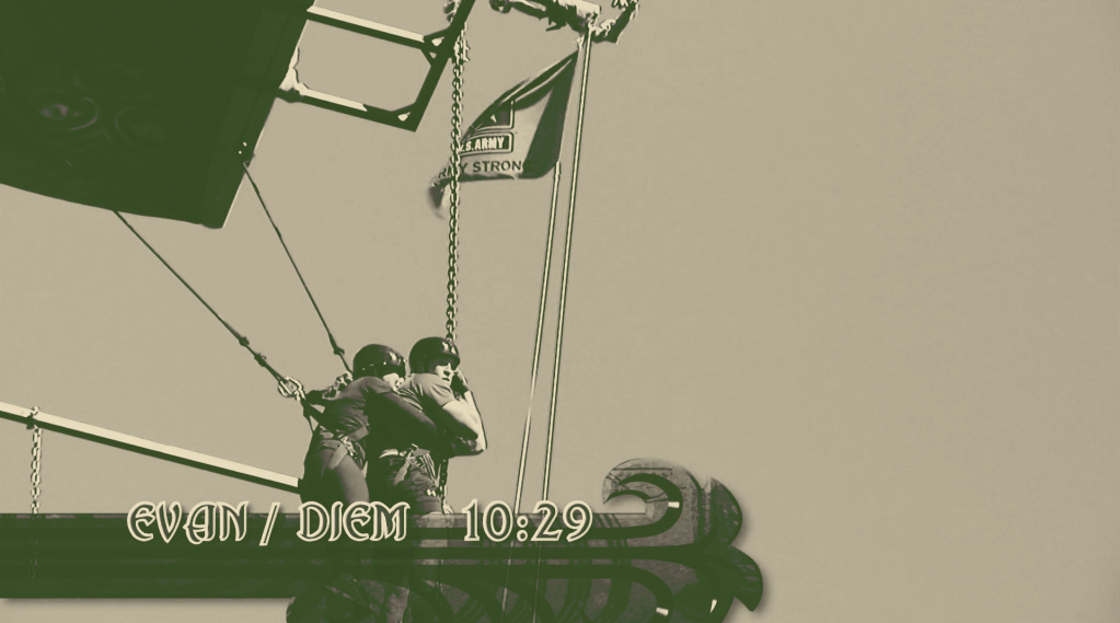 Evan and Diem of MTV's The Challenge: Duel II lifting a U.S. Army Strong flag at the end of the Dangle Duo challenge Evan and Diem of MTV's The Challenge: Duel II lifting a U.S. Army Strong flag at the end of the Dangle Duo challenge