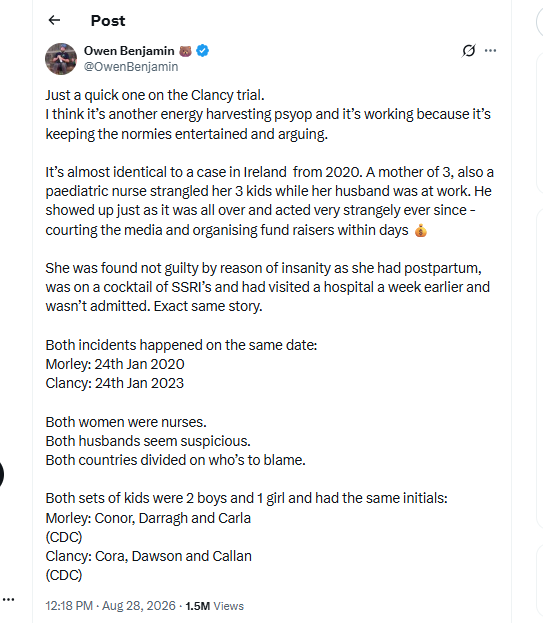 Owen Benjamin post about the odd similarities between Lindsay Clancy and Deirdre Morley … Owen Benjamin post about the odd similarities between Lindsay Clancy and Deirdre Morley …