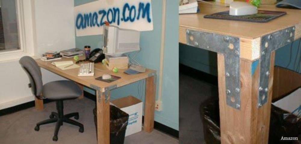 Jeff Bezos has apparently saved and is still working from one of the  original Amazon “door desks”. The now iconic desks were built using cheap  material from a nearby Home Depot in