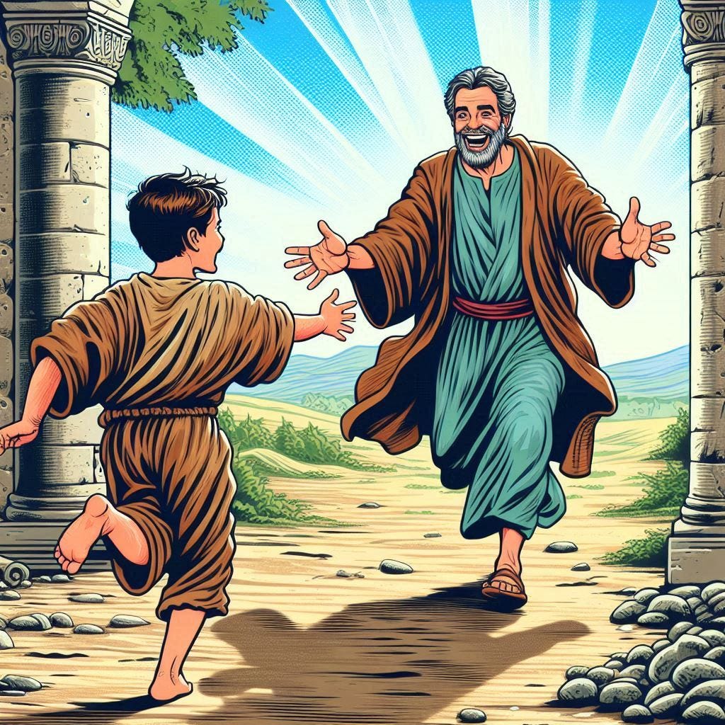the joyful father is running to meet his sad and dirty 20 year old prodigal son who is walking towards him in ancient israel, pop art
