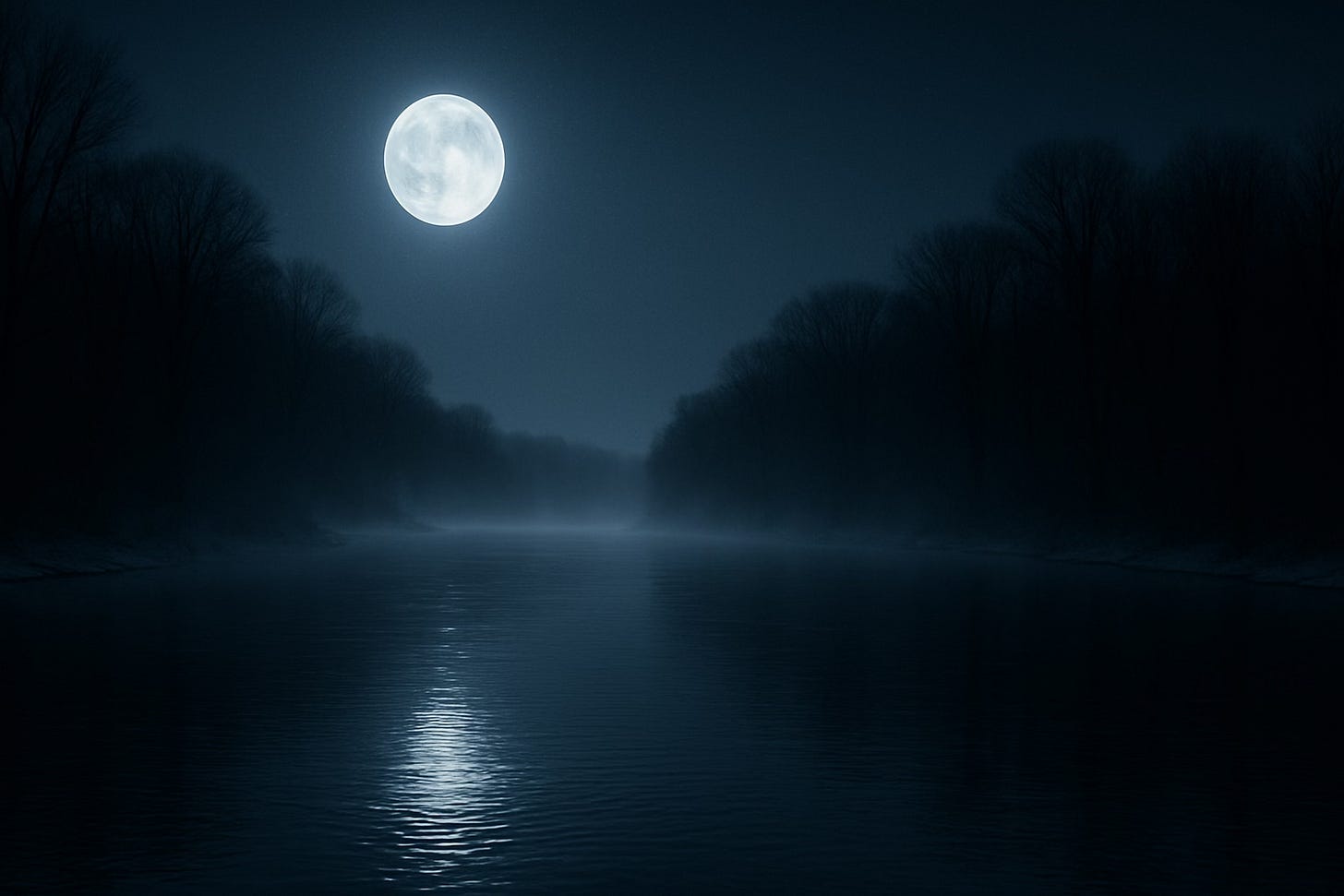 A winter river at night under a bright full moon. The moonlight casts a silver reflection on still water, framed by dark, leafless trees and a low veil of mist.