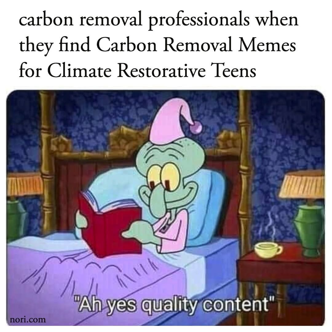 Squidward reading in bed, under the text "carbon removal professionals when they find Carbon Removal Memes for Climate Restorative Teens". Caption: "Ah yes quality content".