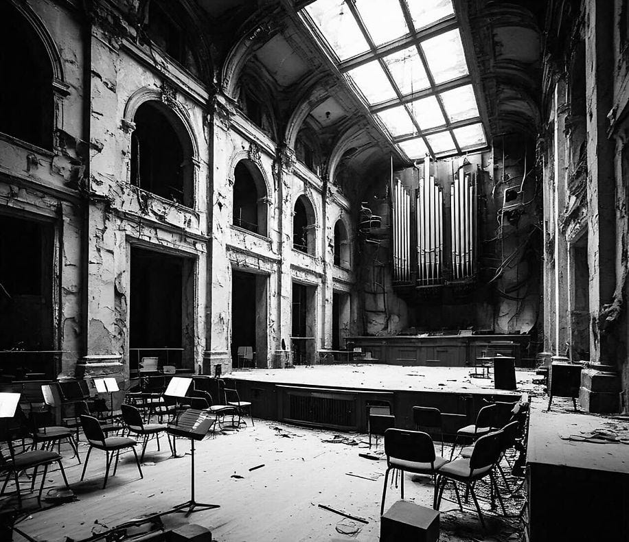 An eroded symphony concert hall.