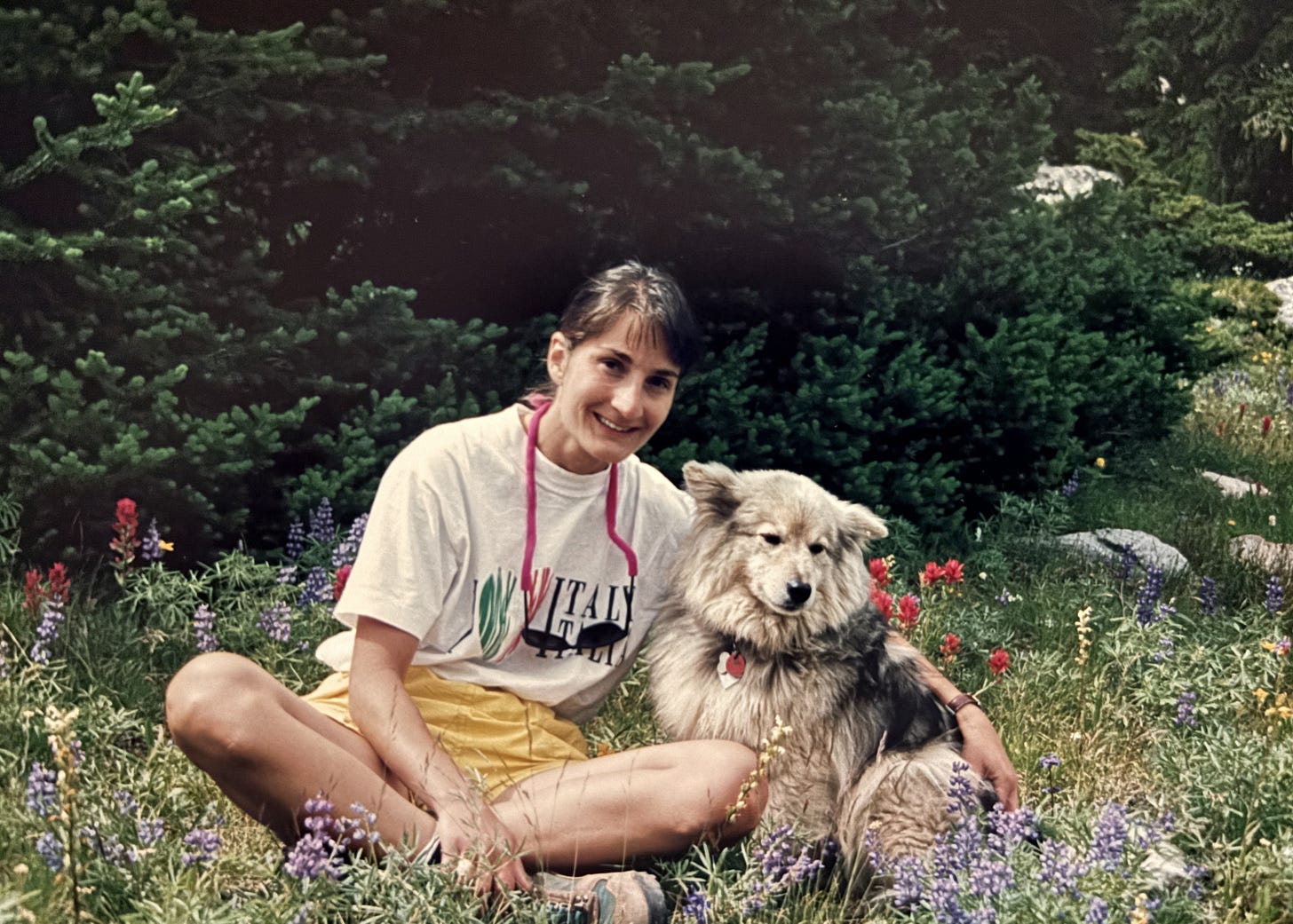 a woman sits beside a dog in a bed of mountain flowers