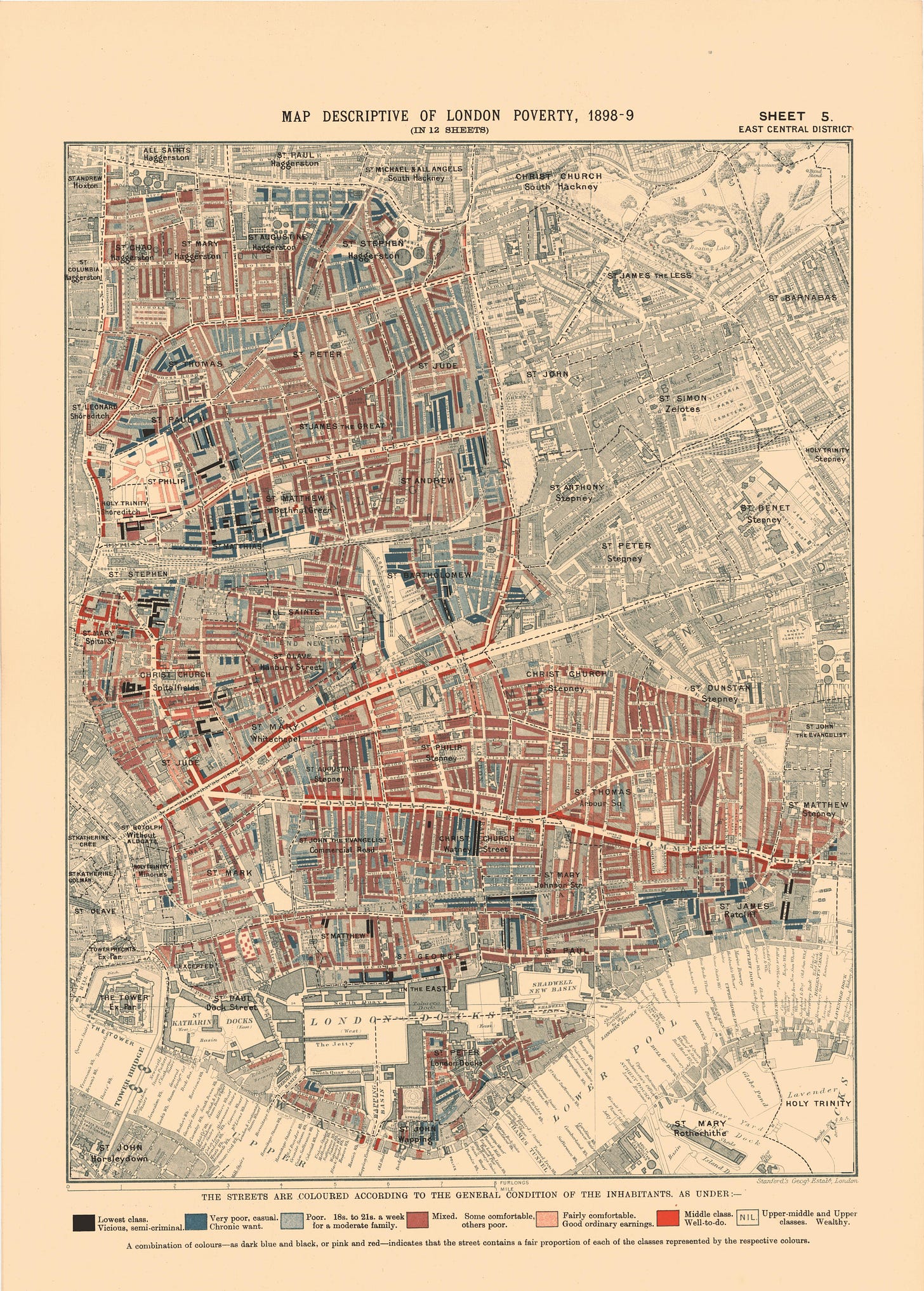 sepia image of 1898 map with the river Thames crossing diagonally along bottom of image and color-coded streets indicating level of poverty