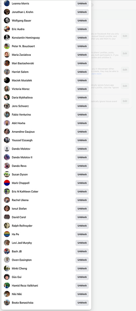 9 out of 17 Screenshots of the Facebook Block List