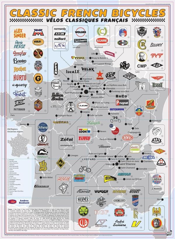 Carte de france avec tous les fabricants de velo. Carte des annees 70 ou 80.
