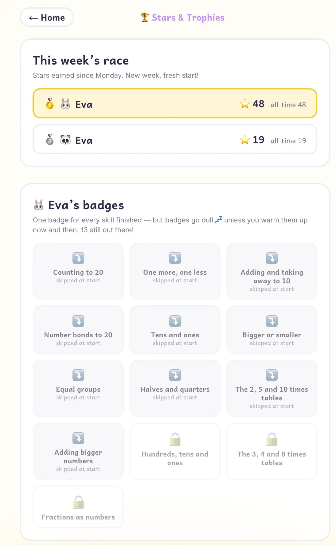 Badge collection screen in the math learning app showing earned and locked achievements Badge collection screen in the math learning app showing earned and locked achievements